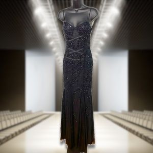 Caché Black Dress Gown Beaded Silk Ribbon Mesh Bodice Medium Drag Queen
